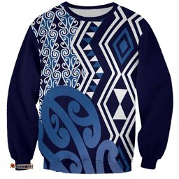 New Zealand Sweatshirt Aotearoa Kowhaiwhai Mix Taniko Art - Blue LT14