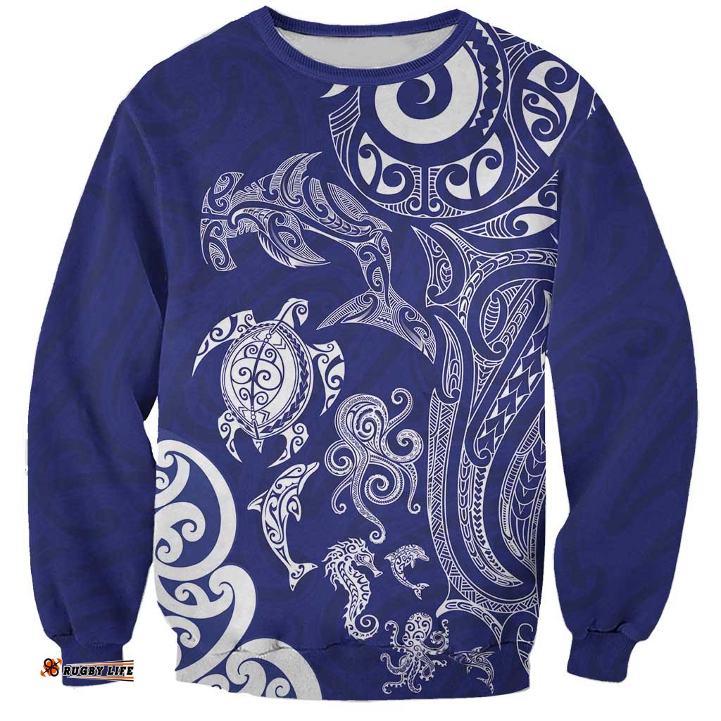 New Zealand Sea Animals with Maori Tribal Tattoo Sweatshirt Blue Color LT03