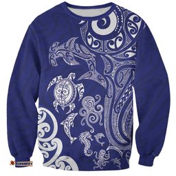 New Zealand Sea Animals with Maori Tribal Tattoo Sweatshirt Blue Color LT03