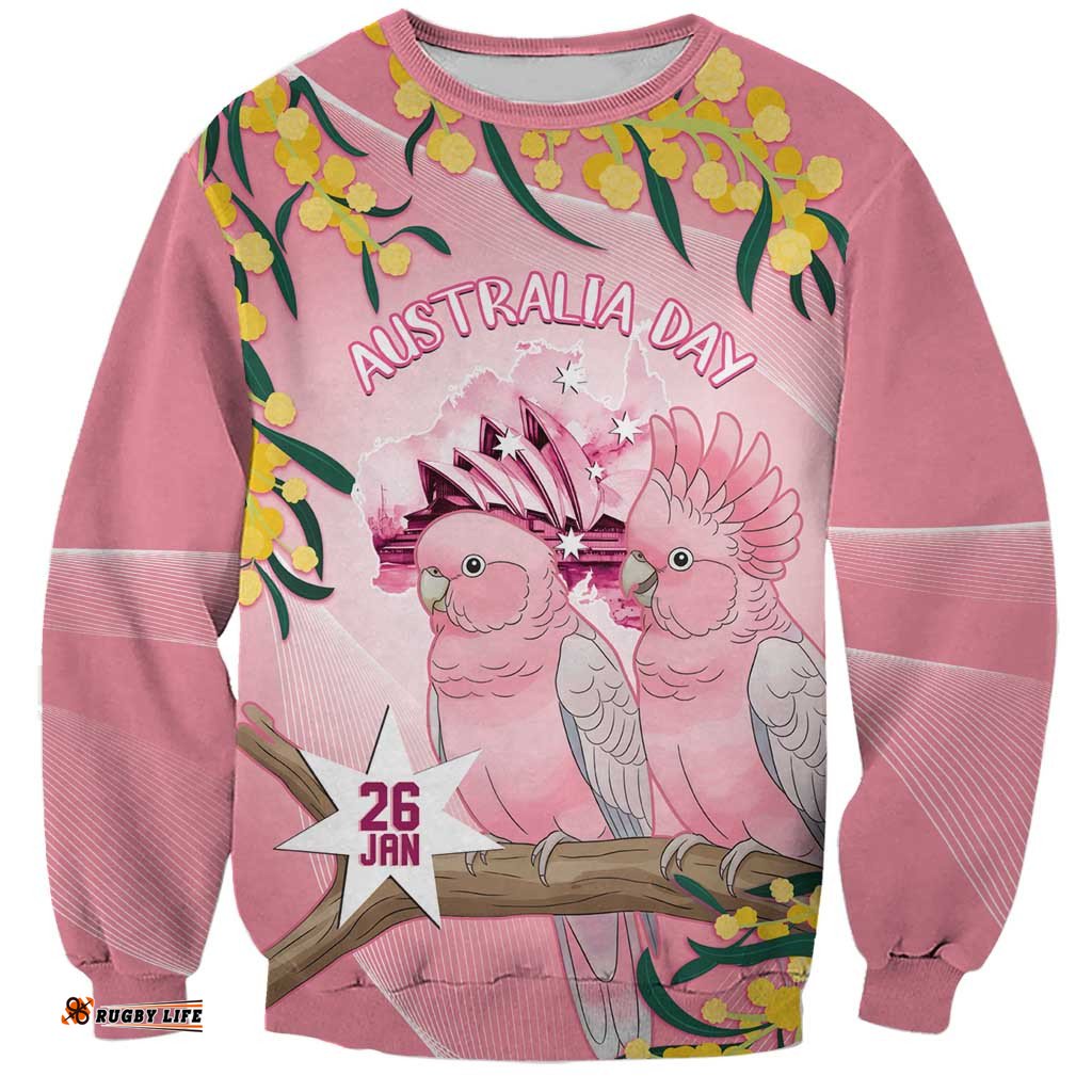 Personalised Galah Australia Day Sweatshirt 26th January Golden Wattle Pink Color LT14