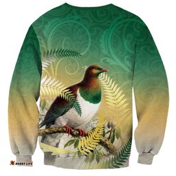 New Zealand Pigeon Kereru Sweatshirt Maori Fern Art Green Gradient LT05