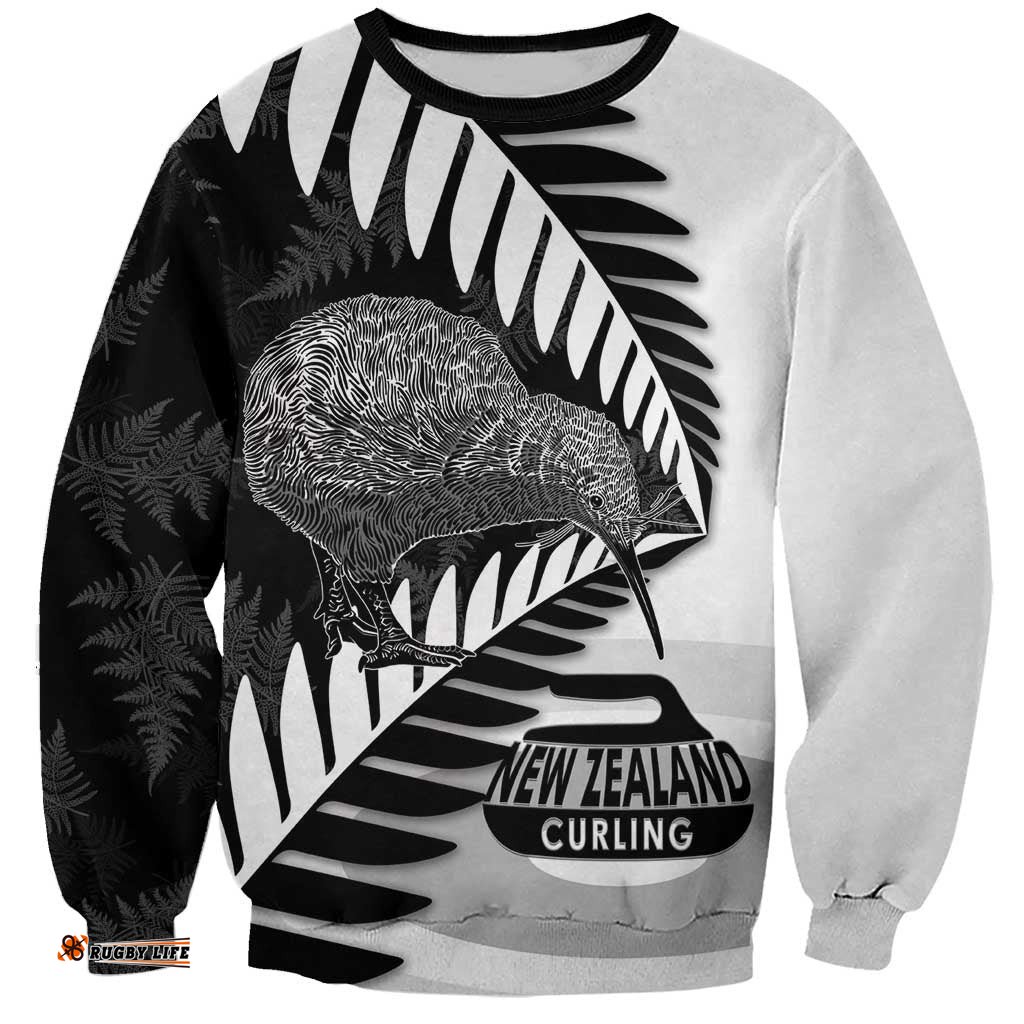New Zealand Silver Fern Curling Personalised Sweatshirt Aotearoa Kiwi Ponga Black White Version LT14