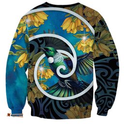New Zealand Tui Bird Sweatshirt Maori Koru With Kowhai Flowers LT05