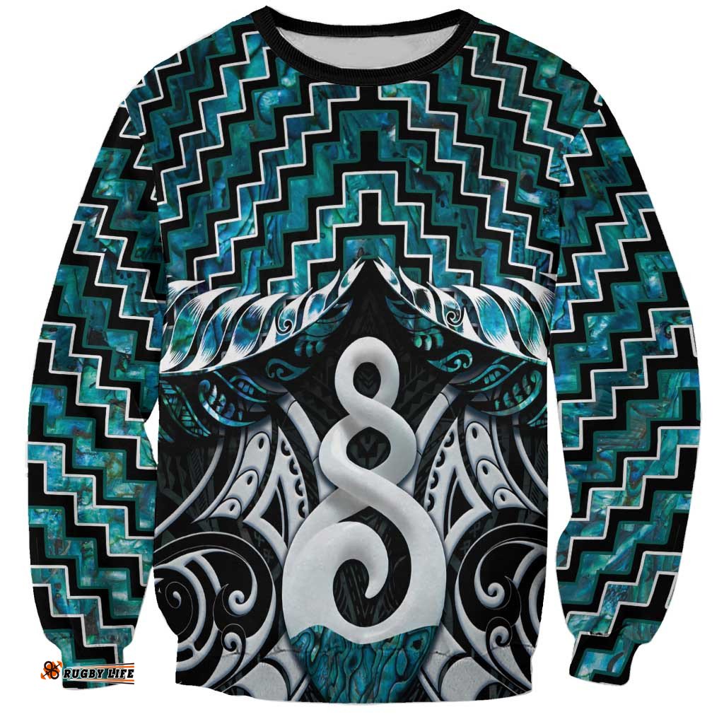 New Zealand Maori Sweatshirt Poutama Pikorua Turquoise Paua Shell LT05