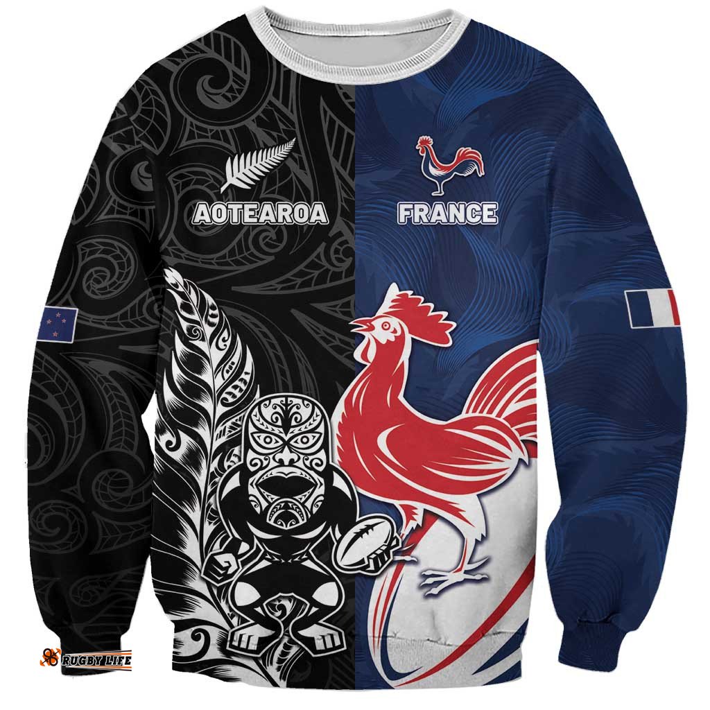 France And New Zealand Rugby Custom Sweatshirt Les Bleus Rooster With Maori Tiki LT05