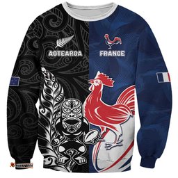 France And New Zealand Rugby Custom Sweatshirt Les Bleus Rooster With Maori Tiki LT05