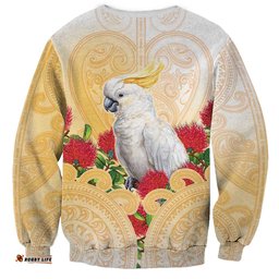 New Zealand Aotearoa Cockatoo Sweatshirt Maori Pattern With Pohutukawa Flowers LT05