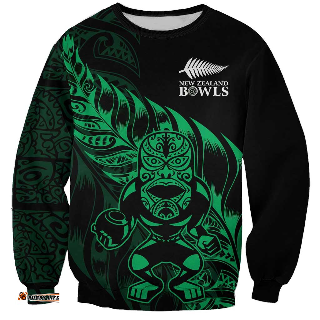 New Zealand Lawn Bowls Custom Sweatshirt Green Maori Warrior Tribal Silver Fern LT9