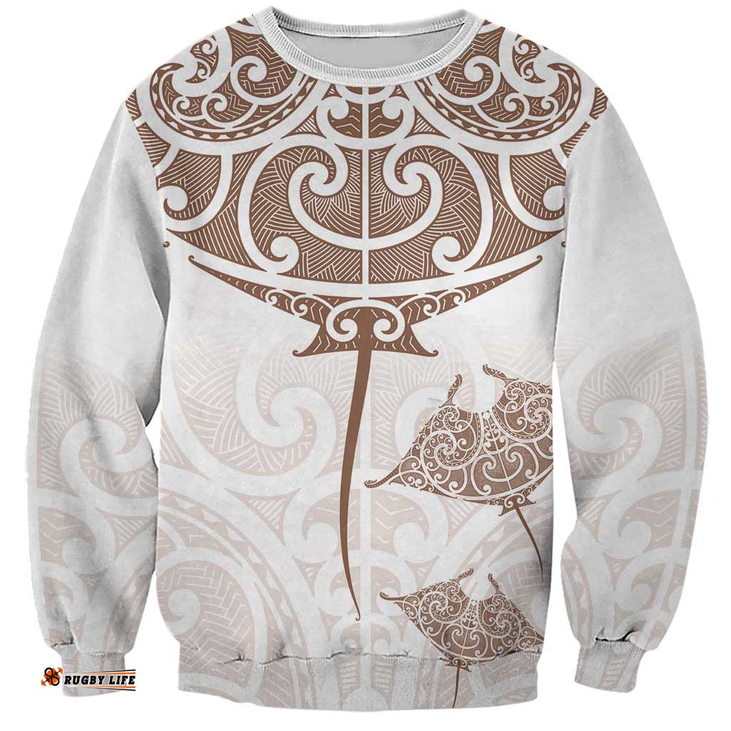 New Zealand Manta Ray Tattoo Sweatshirt Aotearoa Maori Haehae Beige LT14