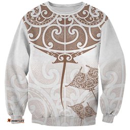 New Zealand Manta Ray Tattoo Sweatshirt Aotearoa Maori Haehae Beige LT14