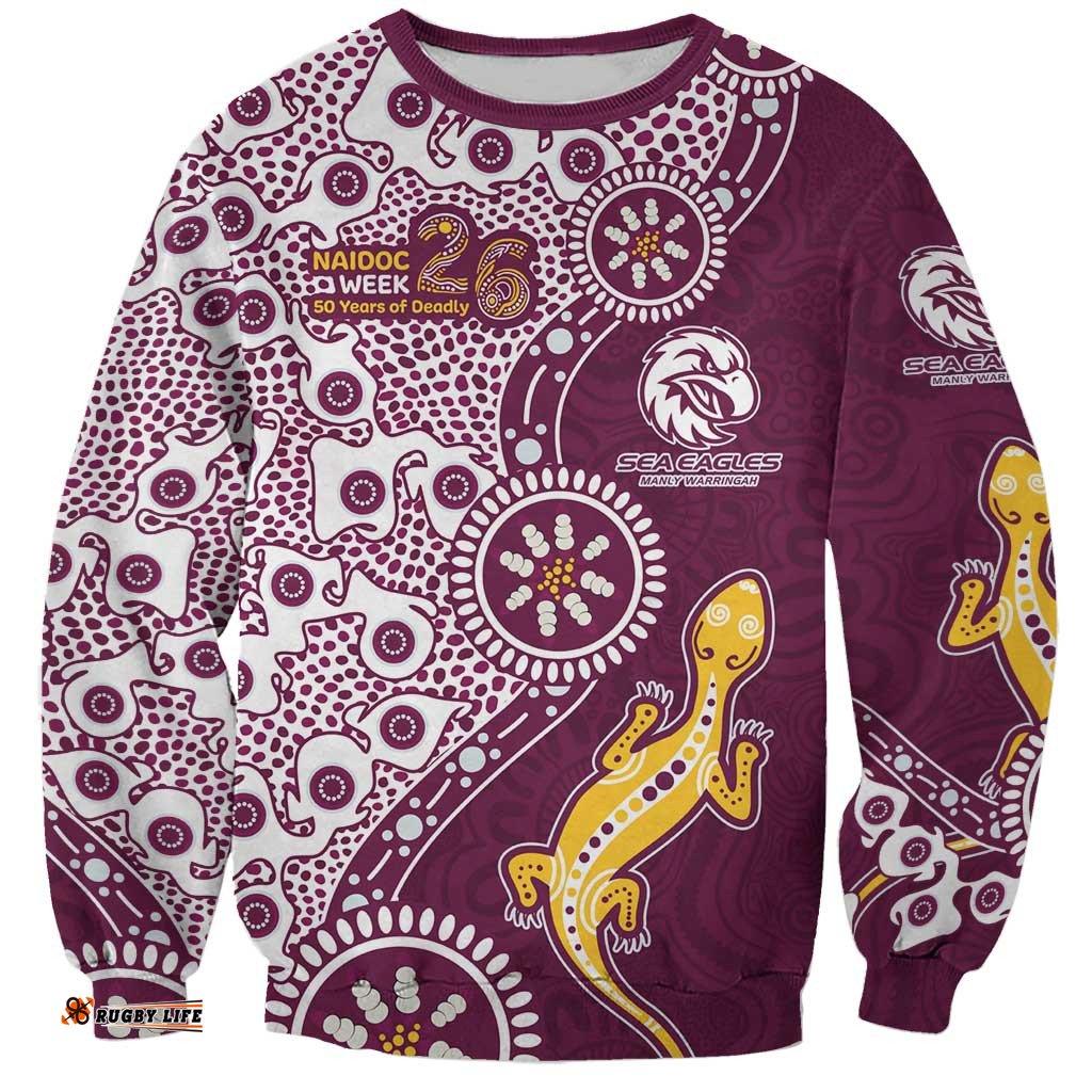 Manly Warringah Sea Eagles NAIDOC Week 2026 Sweatshirt Aboriginal Lizard Dot Painting - 50 Years of Deadly TS04