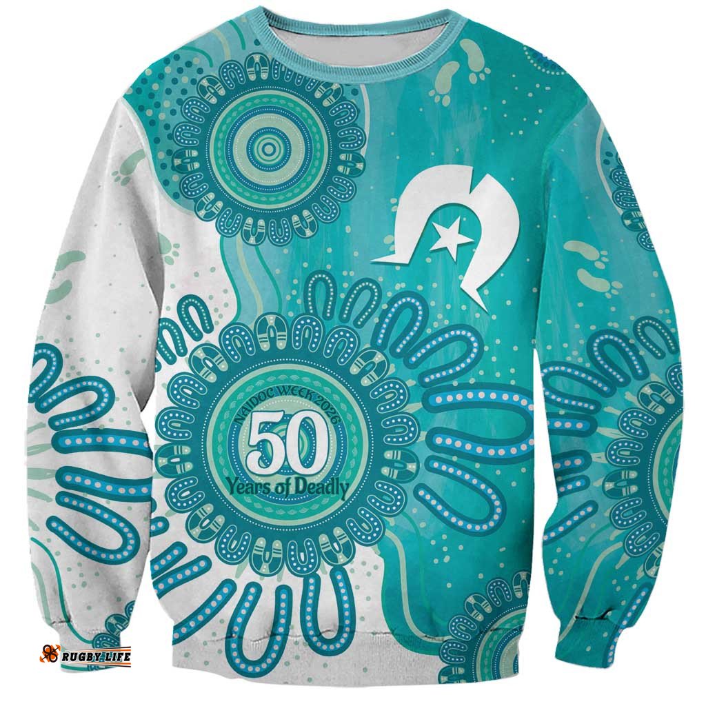 NAIDOC Week 2026 Sweatshirt 50 Years Deadly Dhari Cyan Aboriginal Art LT14