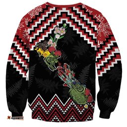 New Zealand Christmas Taniko Poutama Sweatshirt Flora Map with Birds LT7