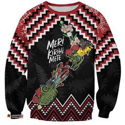 New Zealand Christmas Taniko Poutama Sweatshirt Flora Map with Birds LT7