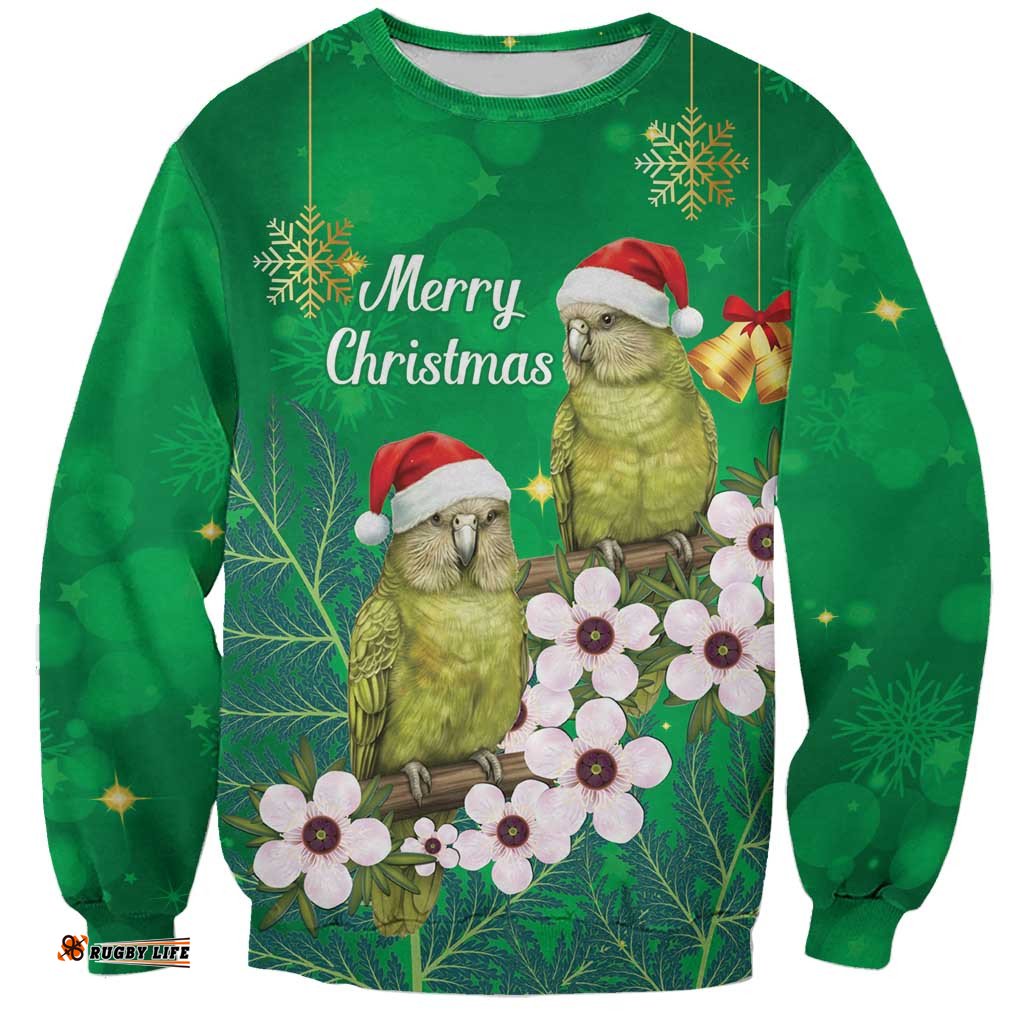 New Zealand Kakapo Christmas Sweatshirt Owl Parrot Santa Sliver Fern Manuka - Green LT14