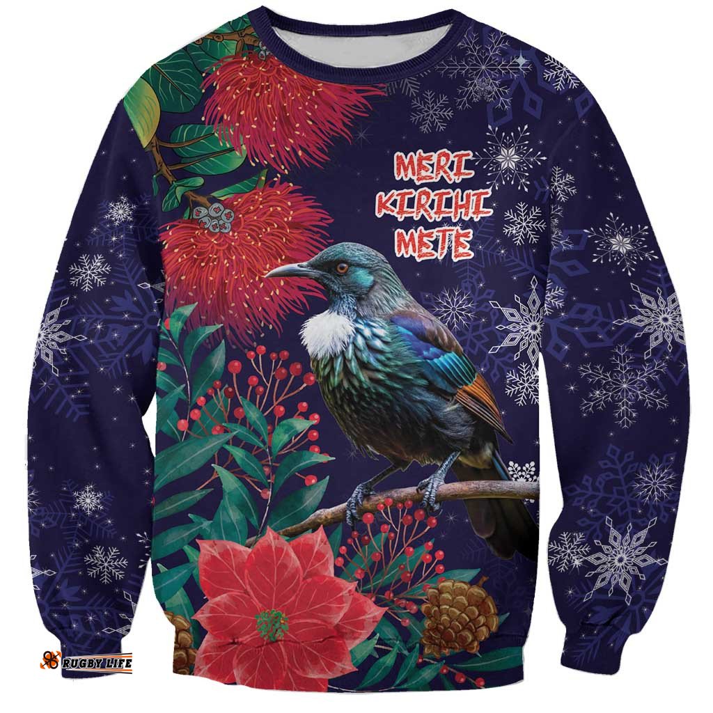 Tui Meri Kirihimete Personalised Sweatshirt Pohutukawa Flowers Blue Motif LT9