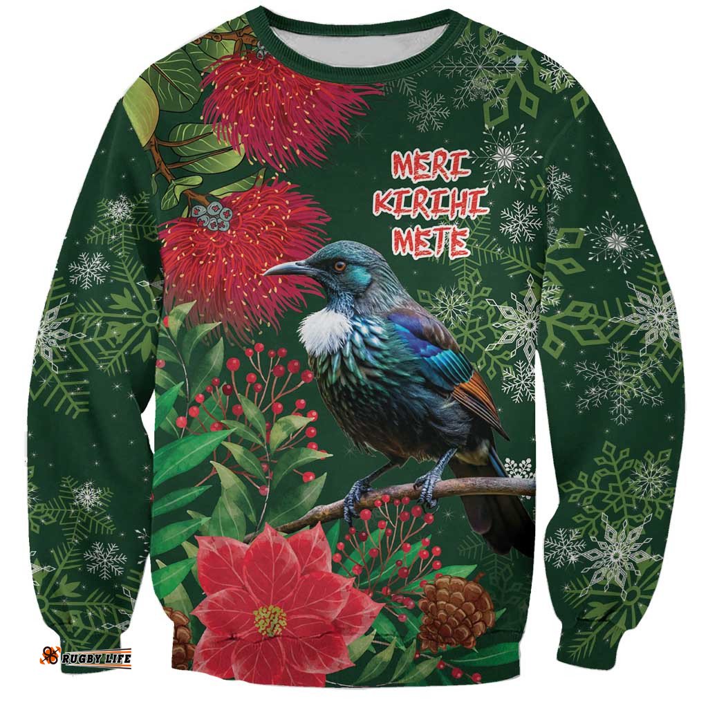 Tui Meri Kirihimete Personalised Sweatshirt Pohutukawa Flowers Green Motif LT9