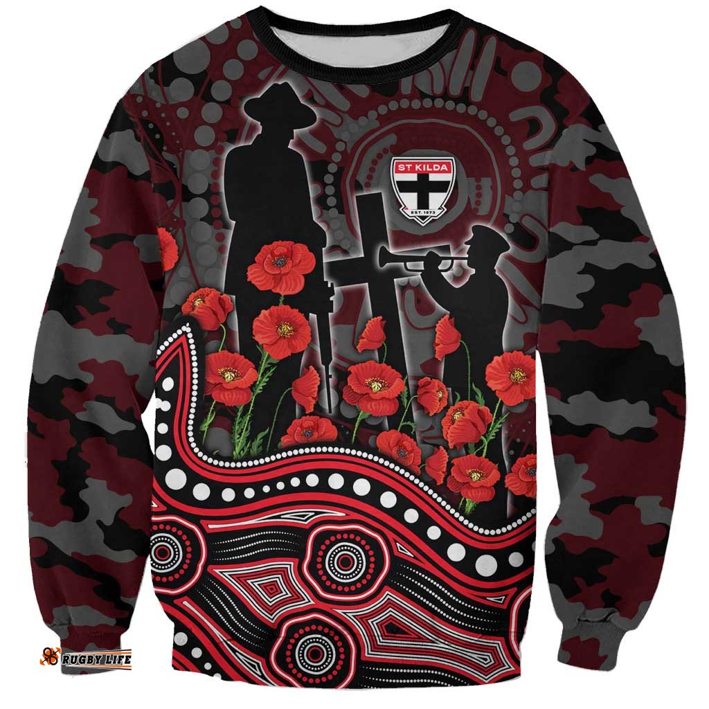 St Kilda Saints ANZAC Day Sweatshirt Indigenous Dot Art with Poppy Flower Tribute TS04