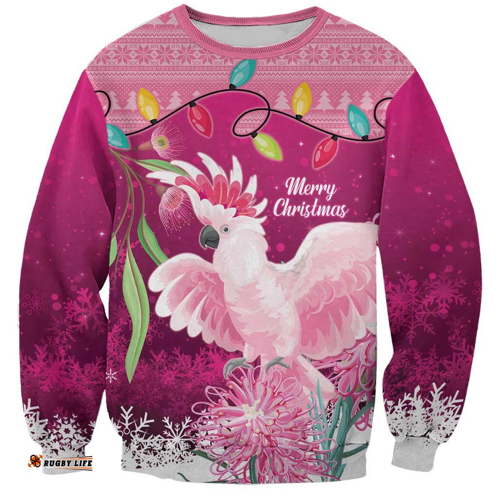 Pink Cockatoo Australia Christmas Sweatshirt Grevillea Eucalyptus Blossoms LT14