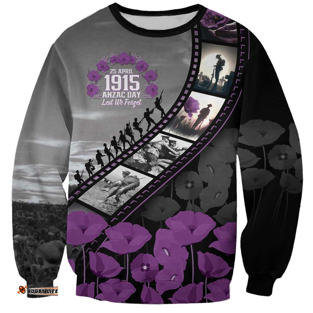 Personalised Remembering ANZAC Lest We Forget Sweatshirt Vintage Film Frame Memorial Purple Poppy LT9