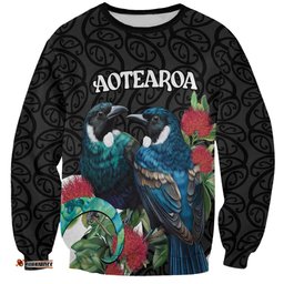 Personalised Valentine's Day New Zealand Sweatshirt Tui Bird Couple Kowhaiwhai Mix Pohutukawa LT14
