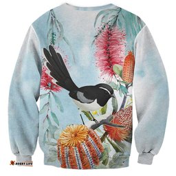 Willie wagtail Australia Sweatshirt Banksia Bottlebrushes Watercolor Stylized LT14