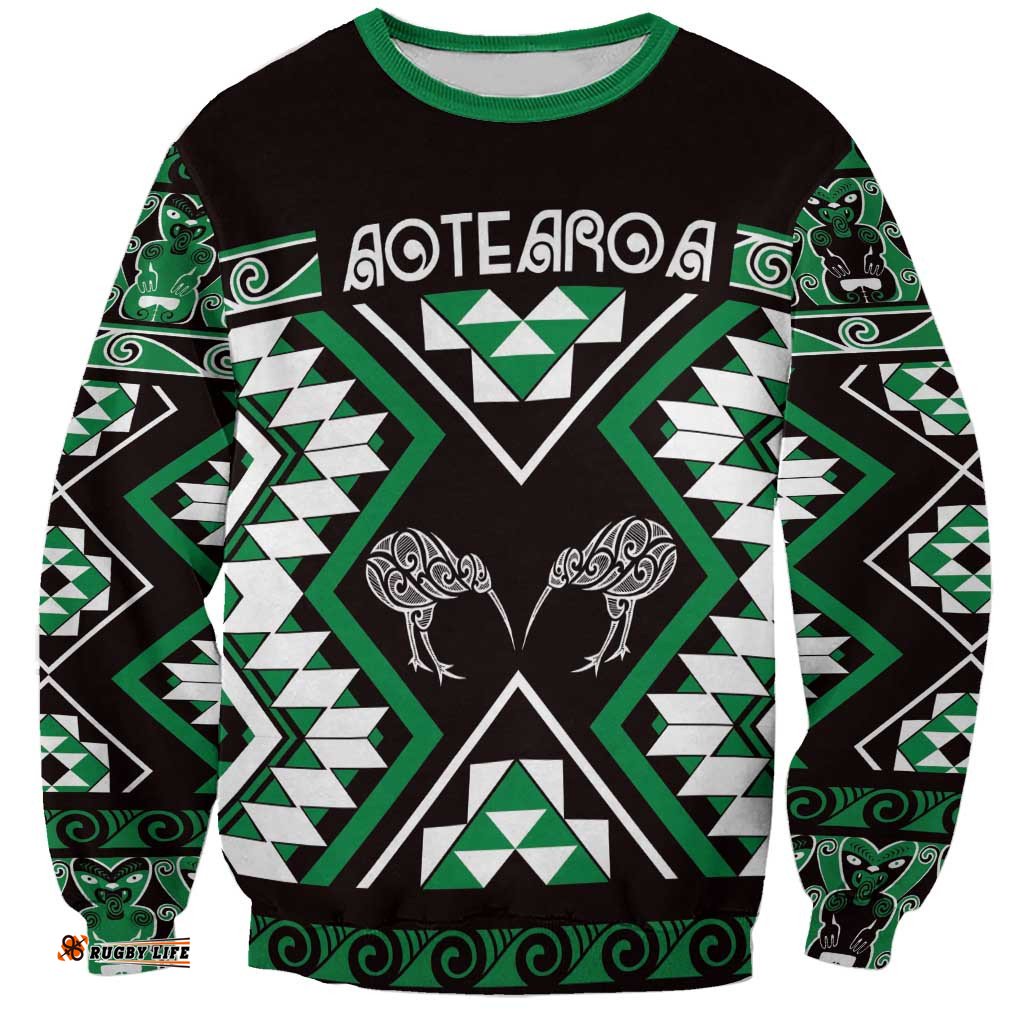Personalised Taniko Motifs Aotearoa Sweatshirt Waitangi Kowhaiwhai Kiwi - Green LT7