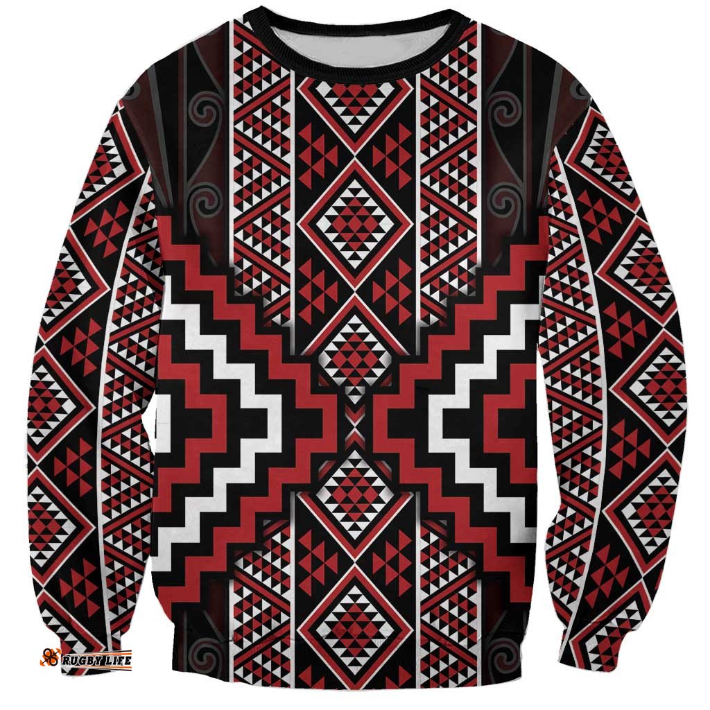 Red Tukutuku Pattern Aotearoa Sweatshirt Niho Taniwha and Puhoro Motifs LT7
