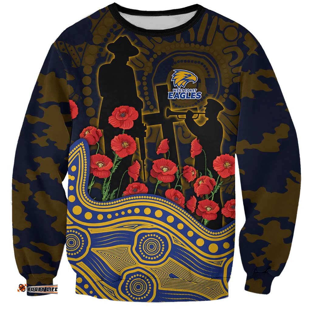 West Coast Eagles ANZAC Day Sweatshirt Indigenous Dot Art with Poppy Flower Tribute TS04