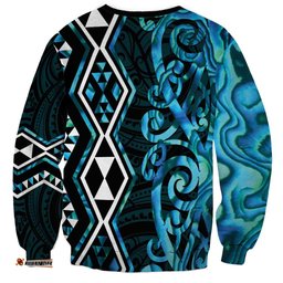 Turquoise Aotearoa Sweatshirt Taniko Motifs With Paua Shell Kowhaiwhai LT14