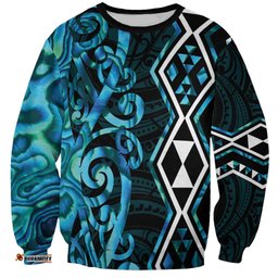 Turquoise Aotearoa Sweatshirt Taniko Motifs With Paua Shell Kowhaiwhai LT14