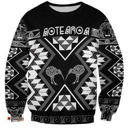 Personalised Taniko Motifs Aotearoa Sweatshirt Waitangi Kowhaiwhai Kiwi - Monochrome LT7