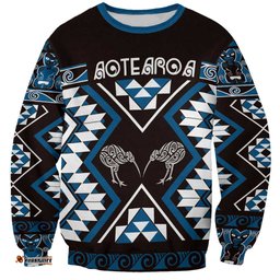 Personalised Taniko Motifs Aotearoa Sweatshirt Waitangi Kowhaiwhai Kiwi - Blue LT7