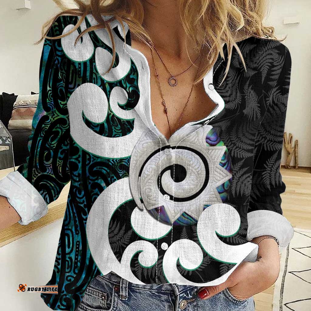 Aotearoa Koru Women Casual Shirt Cyan Maori Paua Shell Mix Silver Fern LT14