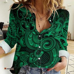 Aotearoa Maori Hei Tiki Women Casual Shirt Kakariki Kowhaiwhai Puhoro Motif LT9