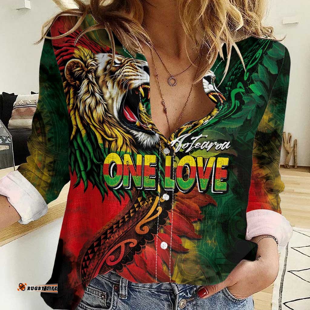Aotearoa One Love Women Casual Shirt Reggae Lion with Kakahu Huruhuru LT03