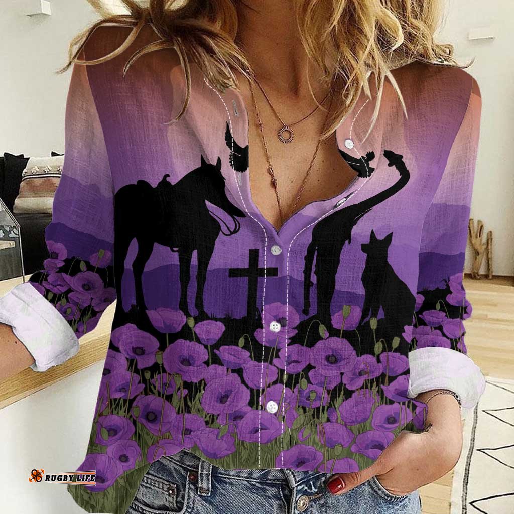 Australia ANZAC Animal Heroes Women Casual Shirt Purple Poppies LT7