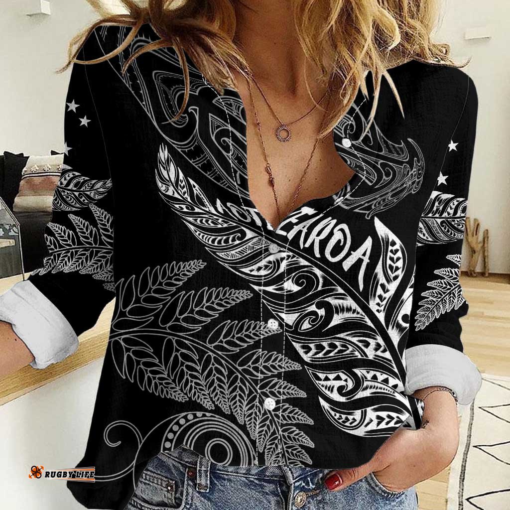 Aotearoa Personalized Lawn Bowls Maori Women Casual Shirt New Zealand Black Tribal Silver Fern LT7