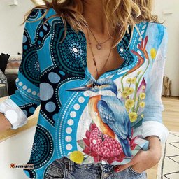 Australia Azure Kingfisher Women Casual Shirt Australian Native Flowers Indigenous Art LT14
