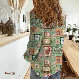 Aussie Birds Christmas La La Land Women Casual Shirt Green Vintage Stamp Edition LT9
