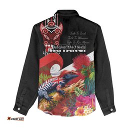 Aotearoa Toitu Te Tiriti Women Casual Shirt Waitangi-Honour The Treaty NZ Tuatara and Plants LT03