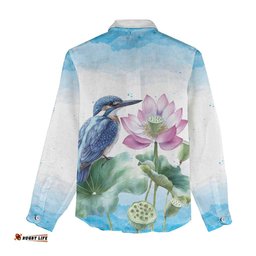 Australia Azure Kingfisher Women Casual Shirt Ceyx Azureus Sacred Lotus Watercolor LT14