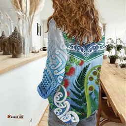 Aotearoa New Zealand Natural Plants Women Casual Shirt Pohutukawa with Silver Ferns Koru Frond Maori Tattoos LT03