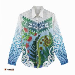 Aotearoa New Zealand Natural Plants Women Casual Shirt Pohutukawa with Silver Ferns Koru Frond Maori Tattoos LT03