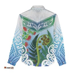 Aotearoa New Zealand Natural Plants Women Casual Shirt Pohutukawa with Silver Ferns Koru Frond Maori Tattoos LT03