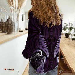Aotearoa Pounamu Niho Women Casual Shirt Silver Fern Mix Maori Pattern - Purple LT14