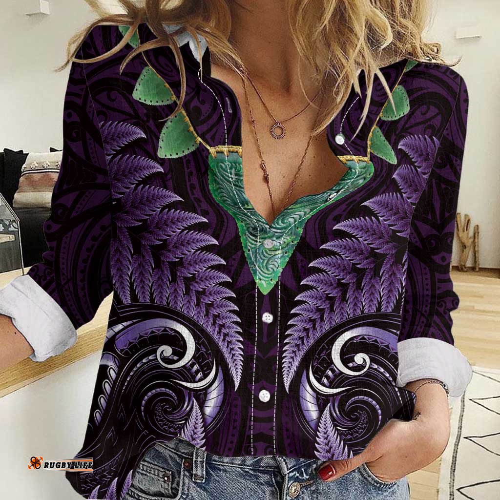 Aotearoa Pounamu Niho Women Casual Shirt Silver Fern Mix Maori Pattern - Purple LT14
