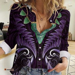 Aotearoa Pounamu Niho Women Casual Shirt Silver Fern Mix Maori Pattern - Purple LT14