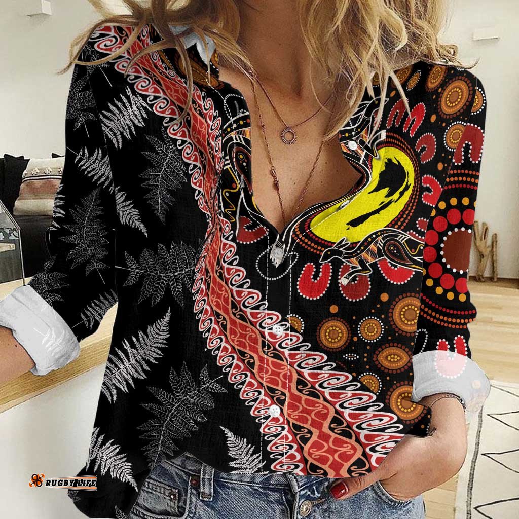 Aotearoa and Australia Women Casual Shirt Maori Koru Ferns With Aboriginal Kangaroo LT03