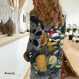 Aussie Honeyeaters Banksia Christmas Women Casual Shirt Aboriginal Dots Painting Blue Motif LT9